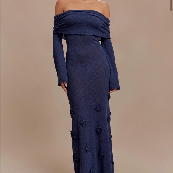 Kiki Off Shoulder Knit Rose Maxi Dress - Navy - Picture 1 of 3